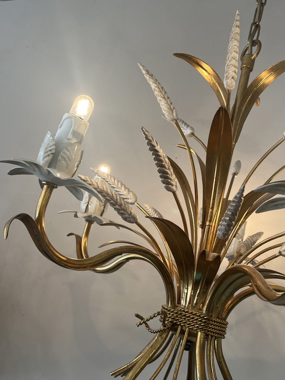 Image 1 of Vintage original design Hans Kögl chandelier pendant lamp gold wheat ears Coco Chanel style