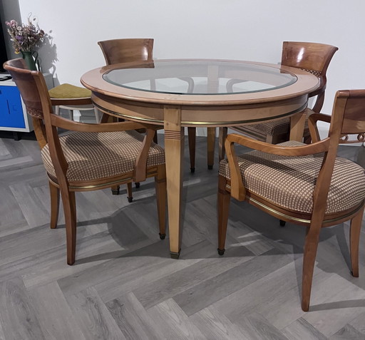 Vintage ronde tafel van hout en glas met 4 stoelen