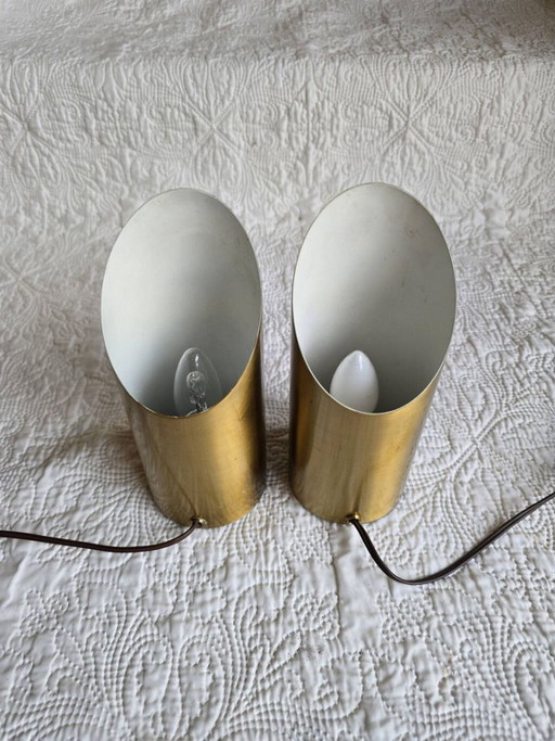 Paar Lampen, signiert Jean Perzel – zylindrisch mit schräger Öffnung – tafellampen, Metal, Brass (photo 2 of 5)