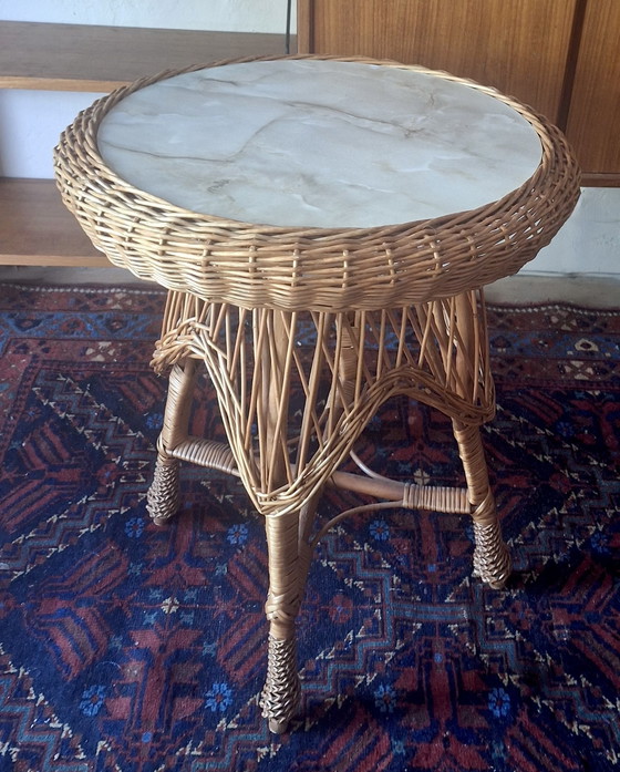 Image 1 of Circular Bamboo and Faux Marble Wine or Coffee Table, 1960s