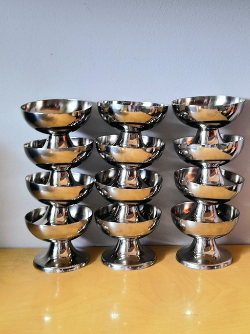 Set aus 12 Eisbechern, Edelstahl, 1970er Jahre