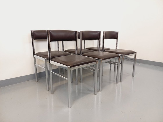 Image 1 of Set di 6 sedie vintage anni '70 in metallo cromato e similpelle marrone
