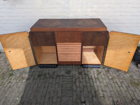 Image 1 of Exquisite 1940s Art Deco Burr Walnut Cabinet – Versatile Drinks/Media Unit
