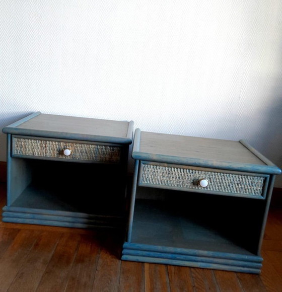 Image 1 of 2 vintage rotan nachtkastjes in Maugrion-stijl