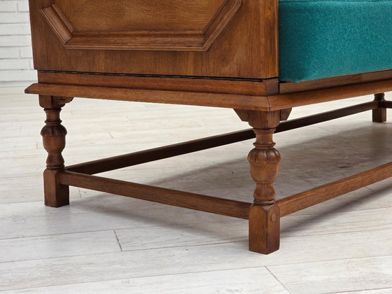 Image 1 of 1950s, Danish 2 seater drop arm sofa, original striped red furniture wool, oak wood.