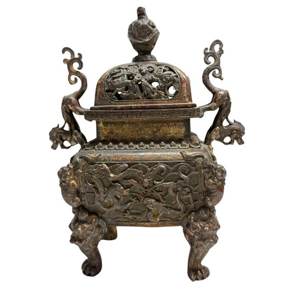 Antiguo Quemador de Incienso Chino Fangding de Bronce con Pedestal – Set de 3 Piezas – Dinastía Qing Tardía (photo 3 of 11)