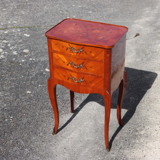 French Vintage Wooden 3 Drawer Console - Marquetry Table - Wooden Cabinet - Bedside Side Table - Style Louis XV - 50s