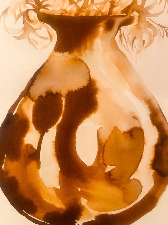 Image 1 of Painting signed, Wabi Sabi vase adorned with dried flowers