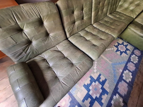 Image 1 of Patchwork Modular Sofa Set in Olive Green Patinated Leather by Laauser 1970s