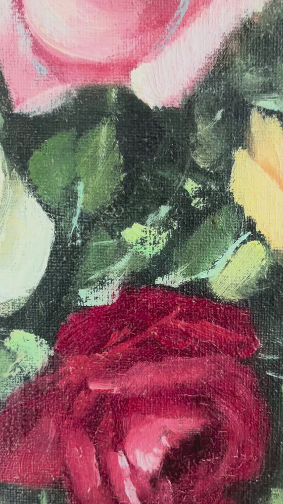 Image 1 of Peinture à l'huile originale vintage représentant des roses, signée.