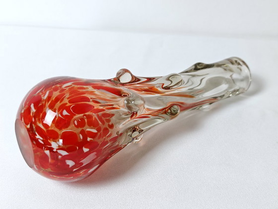 Image 1 of Vintage Hand Blown Art Glass Vase / 1970s Sommerso Style Orange Red Swirl / Retro Murano Look Decorative Vase / 