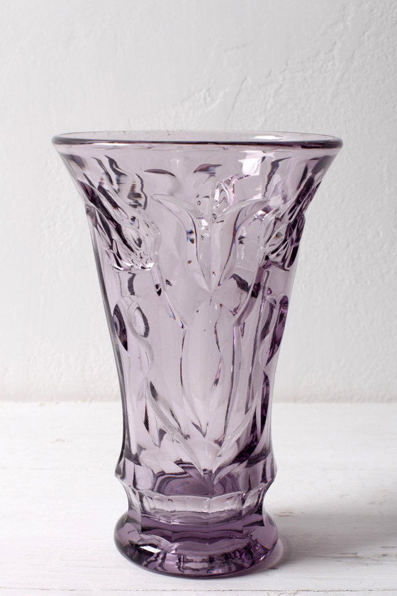 Image 1 of Rare Art Mid-century Glass Smokey Purple Cut Glass Vase / Eda Glasbruk / Sweden / 1930s