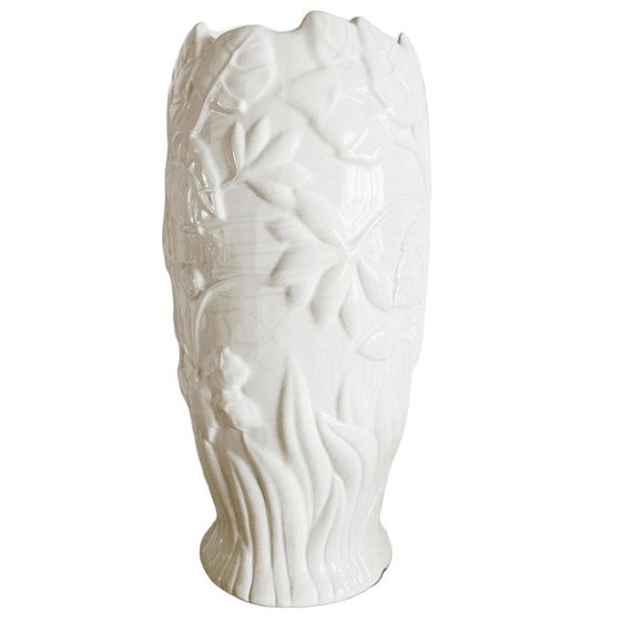 Image 1 of Vintage Portuguese XL white ceramic vase hand-painted parrots 1940s