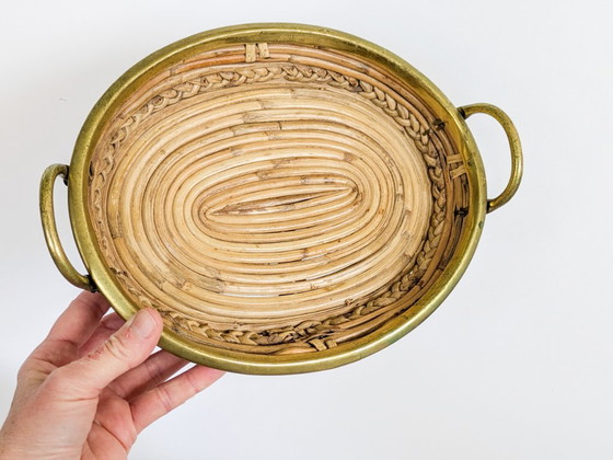 Handgemaakte vintage ovale dienblad van rotan en messing, in de stijl van Gabriella Crespi, Italië, jaren 70. (photo 4 of 17)