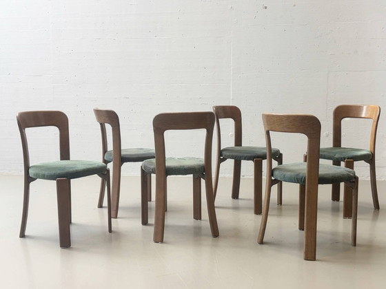 Stapelbare stoelen van Bruno Rey met groene stoffen zittingen voor Dietiker, Zwitserland, jaren 70. (photo 4 of 13)