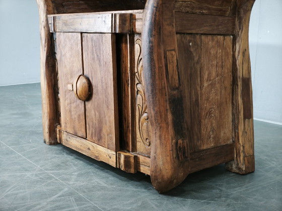 Console en Bois Massif Rustique Asiatique des Années 70, Buffet Primitif Sculpté à la Main, Marron (photo 14 sur 14)
