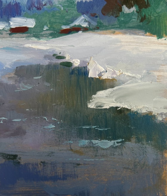 Image 1 of Originales Ölgemälde: Winterliche Flusslandschaft, Fluss unter einer Schneedecke