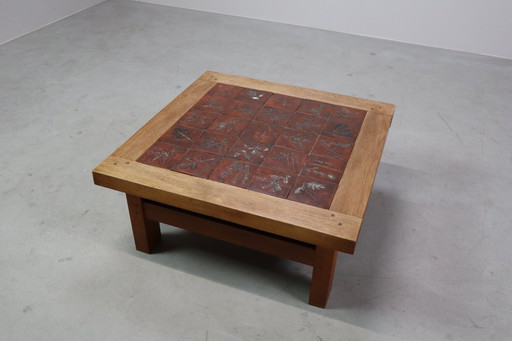 Mid - Century botanical ceramic tile coffee table in Oak, 1960s