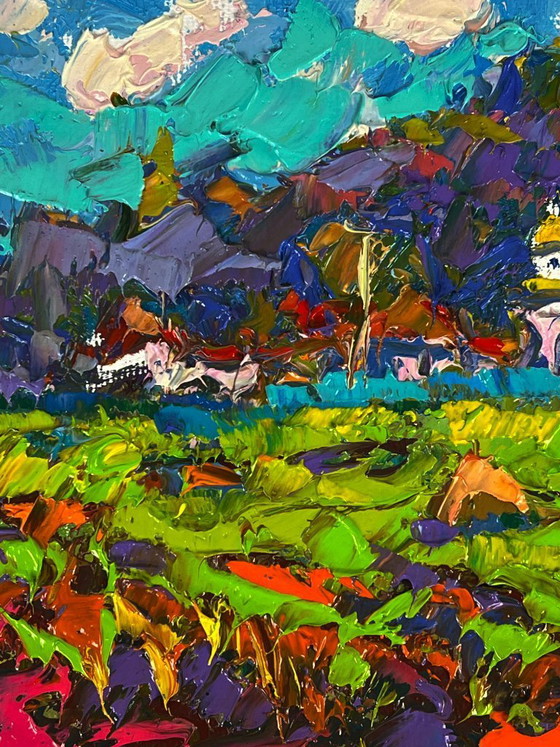 Image 1 of Peinture à l'huile originale représentant un paysage rural. Un village se dessine au loin.