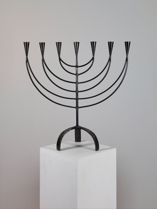 Hand-forged Swedish vintage menorah metal candlestick, 7-flame