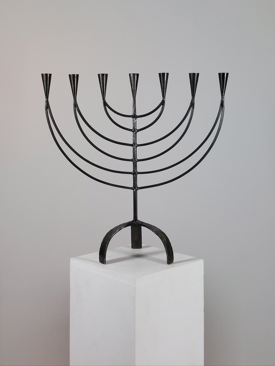 Image 1 of Hand-forged Swedish vintage menorah metal candlestick, 7-flame