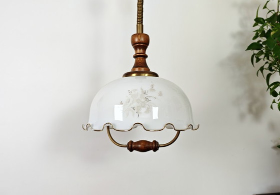 Image 1 of Vintage 1970s Opaline Glass Pendant Light / Mid Century Modern Ceiling Lamp / Scalloped Floral Shade with Wood Brass / 