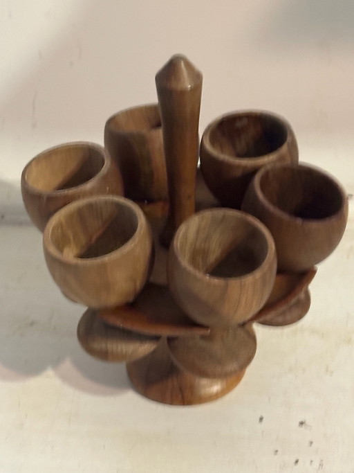 Set di portauova vintage in legno tornito - supporto più 6 pezzi