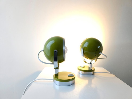 Image 1 of Set of 2 olive green vintage space age eyeball table lamps, metal green and chrome mid-century modern lamp