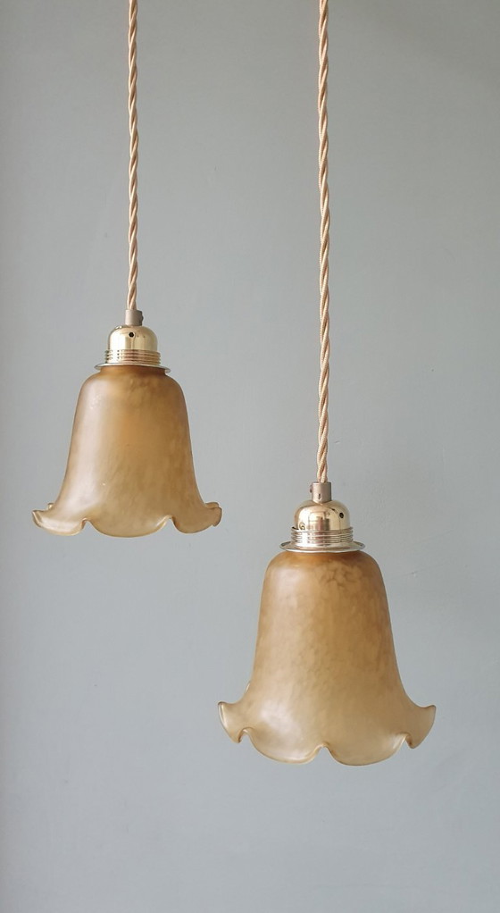 Image 1 of Set van 2 Vintage Murano hanglampen - Mid Century - amber kleur