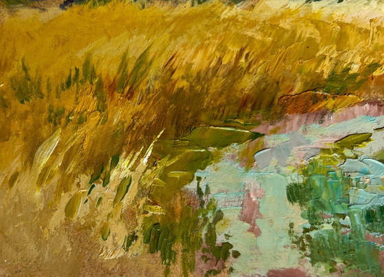 Image 1 of Original Oil Painting Evening Church Landscape Golden fields and sunset