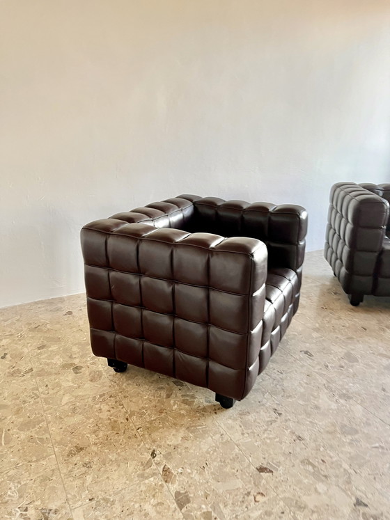 Image 1 of 2 Kubus loungestoelen | Josef Hoffmann-stijl | Donkerbruin leer