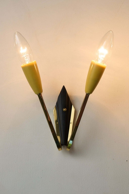 Geometric Brass and Black Wall Lamp, 1950s