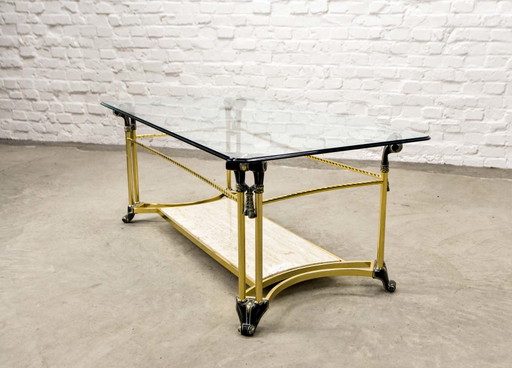 Hollywood Regency Brass, Glass and Travertine Coffee Table, 1970s.