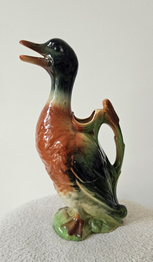 Large duck-shaped earthenware pitcher from Saint-Clément – ​​signed – vintage