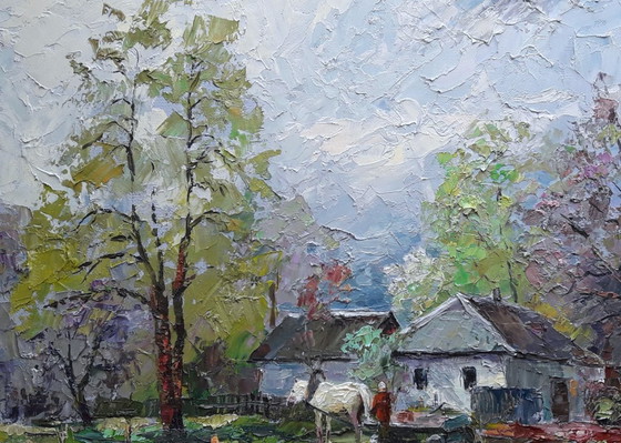 Origineel olieverfschilderij Landelijk landschap Dorpsleven Ouderlijk huis – Schilderijen & Tekeningen, Mdf (photo 4 of 5)