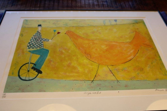 Unicycle and bird, signed, screen print Annora Spence, framed 195/295, Lithographs & prints, Glass (photo 8 of 11)