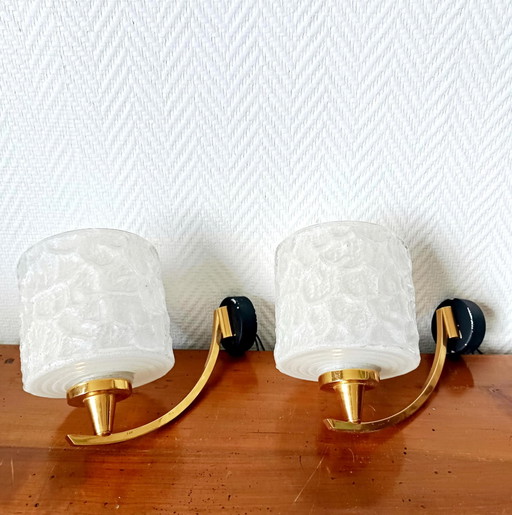 2x Wandleuchten 1950 Arlus-Stil aus Granitglas