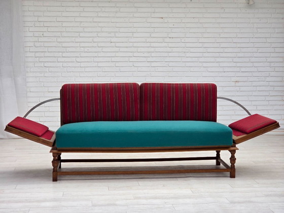 Image 1 of 1950s, Danish 2 seater drop arm sofa, original striped red furniture wool, oak wood.
