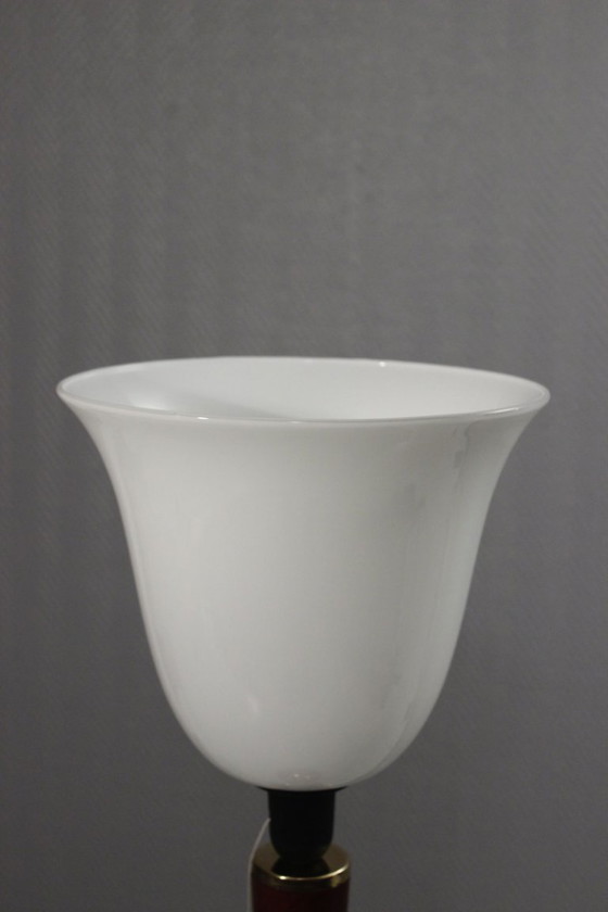 Image 1 of Vintage Mazda-lamp van hout, messing en opaalglas, Art Deco-design, 20e eeuw.