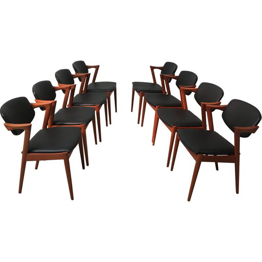 Juego de 8 sillas de comedor vintage de teca de Kai Kristiansen para Schous Møbelfabrik, años 60