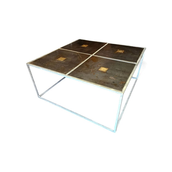 Table basse brutaliste unique des années 80 avec plateaux lourds en métal / cuivre / acier – Livres d'art (photo 2 of 8)