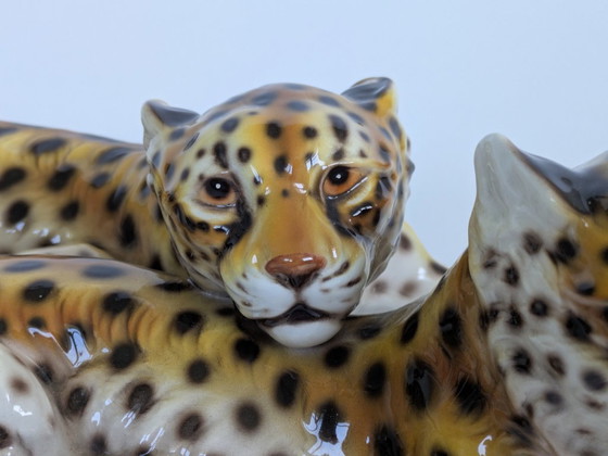 Image 1 of Large Italian Midcentury Porcelain Leopard Pair Sculpture Hollywood Regency Ronzan Style