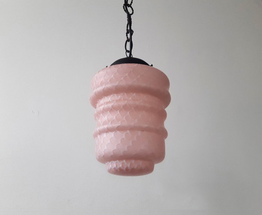 Art Deco glass ceiling lamp, vintage pink frosted glass pendant lamp with copper fixture