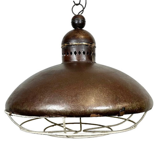 Grote bruine industriële lamp met ijzeren rooster, jaren 60