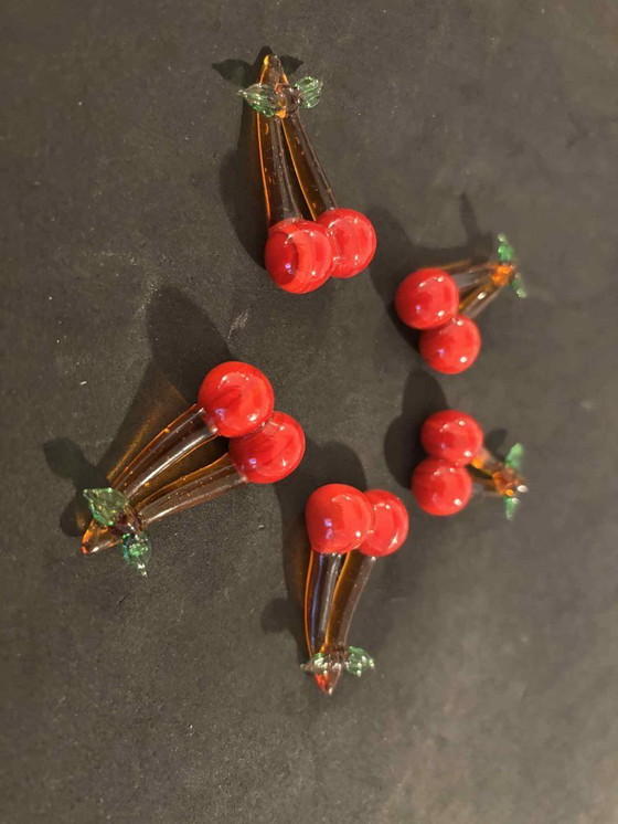 Image 1 of Reposacuchillos de cristal de Murano: diseño retro de cerezas y frutas, juego de 5