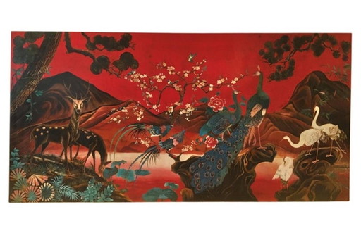 XL Panneau mural asiatique vintage avec paysage de montagne et oiseaux
