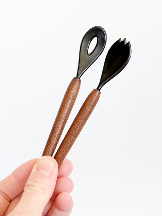 Image 1 of Danish Teak Serving Set, 3 Smoked Glass Bowls Original Spoon and Fork, Midcentury Kabaret Tray