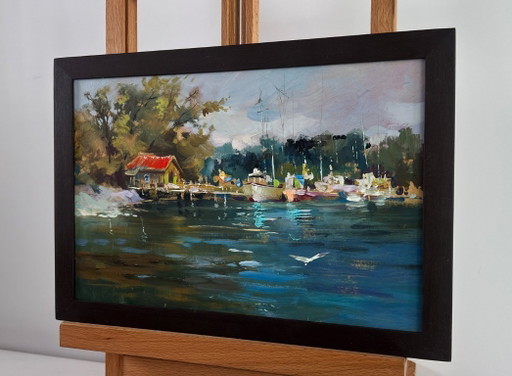 Original Oil Painting Summer River Landscape Small yacht club