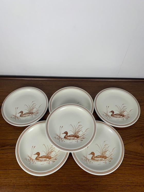 Image 1 of Vintage Churchill Engeland Dessert Borden Set - Eend Patroon & Rood/Bruin Bord, 1980/90