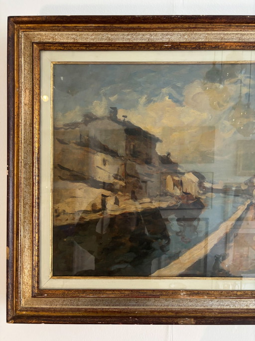 Oil Painting on Canvas of Navigli of Milan by Achille Cattaneo, Early 20th Century – schilderijen tekeningen (photo 2 of 7)